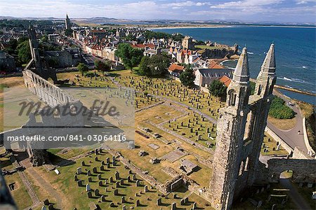 Ruins of St. Andrews cathedral, dating from the 14th century, graveyard and town, St. Andrews, Fife, Scotland, United Kingdom, Europe