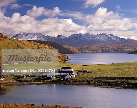Gesto House, Loch Harport and snow on Black Cuillins, Isle of Skye, Inner Hebrides, Scotland, United Kingdom, Europe