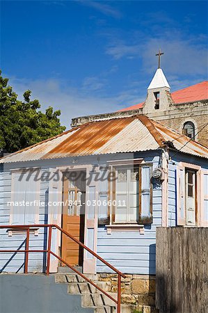 Wooden house and Ebenezer Methodist church, St. Johns, Antigua, Antigua and Barbuda, Leeward Islands, Lesser Antilles, West Indies, Caribbean, Central America