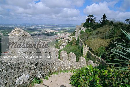 The ramparts of the Moorish Castelo dos Mouros, captured by Christians in 1147, above the town of Sintra, Estremadura, Portugal, Europe