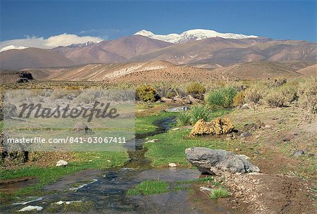 Stream in der Atacama-Wüste mit den Anden am Horizont, San Pedro de Atacama Region, Chile, Südamerika