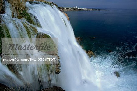 The Lower Duden Falls plunging into the sea 10km east of Antalya, Anatolia, Turkey, Asia Minor, Eurasia