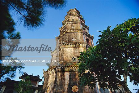 Thien Mu Pagoda, 21m octagonal tower of the pagoda by the Perfume River near Hue, Vietnam