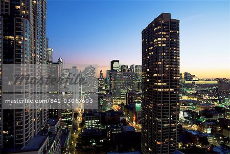 Looking south down Rush and Wabash streets in the Near North of downtown Chicago, Chicago Place is on the left, Chicago, Illinois, United States of America, North America