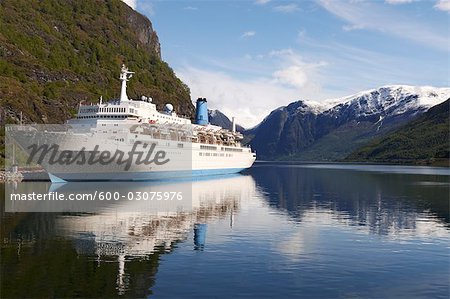 Cruise Ship Docked at Port, Fjord at Flam, Norway Cruise Ship Docked at Port, Fjord at Flam, Norway