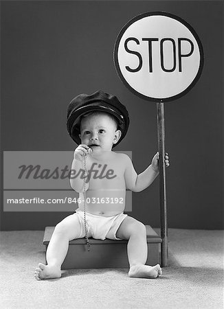 1940s BABY BOY HOLDING STOP SIGN TRAFFIC WHISTLE