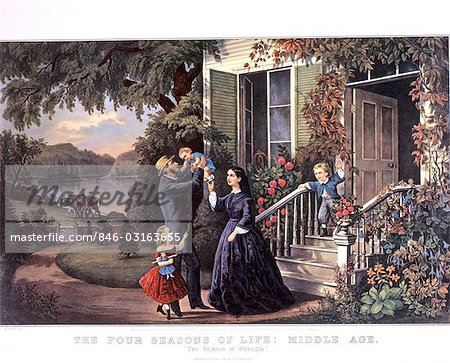 THE SEASONS OF LIFE MIDDLE AGE / SEASON OF STRENGTH CURRIER & IVES PRINT - 1868