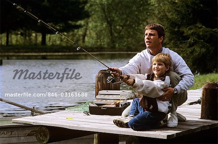 FATHER AND SON FISHING ON DOCK MAN AND BOY