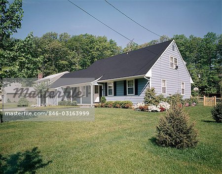 1970s TWO STORY BLUE SUBURBAN HOUSE WITH BLACK SHUTTERS AND LANDSCAPED LAWN