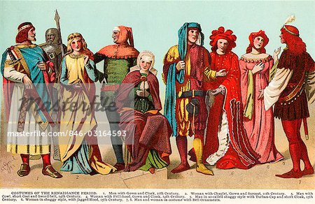 COSTUMES OF THE RENAISSANCE PERIOD LINE OF MEN AND WOMEN IN CLOTHING FROM THE 11TH TO 15TH CENTURY