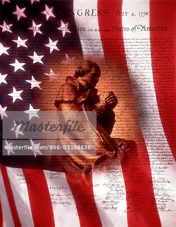 MONTAGE GEORGE WASHINGTON AMERICAN FLAG AND DECLARATION OF INDEPENDENCE