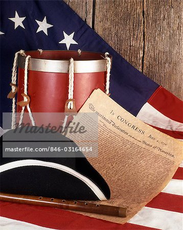 1980s STILL LIFE OF AMERICAN FLAG DECLARATION OF INDEPENDENCE DRUM AND TRICORN HAT