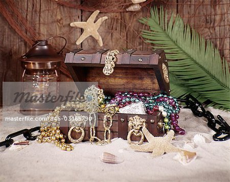 1970s NAUTICAL STILL LIFE OPEN TREASURE CHEST FILLED WITH BOOTY PIRATE GOLD