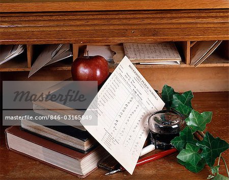 OLD TIME SCHOOL STILL LIFE WITH INKWELL PEN REPORT CARD SLATE BOOKS IVY ON WOODEN DESK