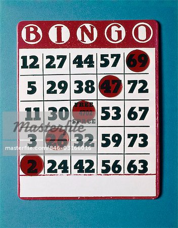 1960s BINGO CARD WITH RED MARKERS IN A WINNING GAME