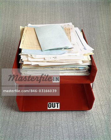 1960s RED OFFICE LETTER TRAY IN AND OUT BIN IN FILLED WITH PAPERWORK