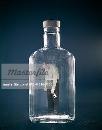 1960s SLUMPED OVER MAN HOLDING WHISKEY BOTTLE TRAPPED INSIDE ALCOHOL DECANTER ALCOHOLIC