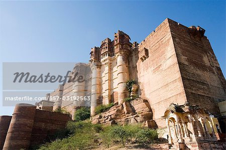 Vue faible angle d'un fort, Fort de Meherangarh, Jodhpur, Rajasthan, Inde