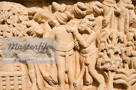 Détails des sculptures sur le mur, Sanchi, Bhopal, Madhya Pradesh, Inde