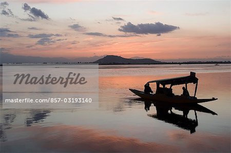 Shikara in a lake at dusk, Dal Lake, Srinagar, Jammu And Kashmir, India