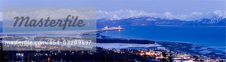 Panoramic night time view of Homer & Homer Spit Lighted with Kenai Mountains Alaska Winter