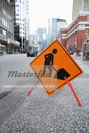 Panneau de signalisation travaux, Vancouver, Colombie-Britannique, Canada