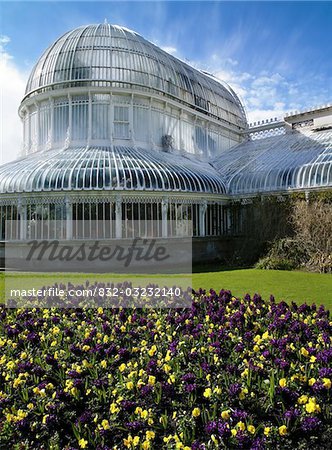 Blumen in einem Garten vor ein Gewächshaus, Palmenhaus, Botanic Gardens Belfast, Belfast, Nordirland