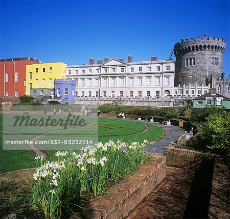 Formal garden in front of buildings, Bedford Tower, Dublin Castle, Dublin, Republic Of Ireland