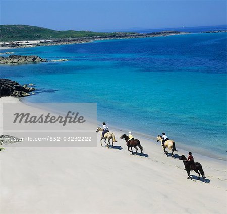 High angle view of four people horseback riding on the beach, Mannin Bay, Connemara, County Galway, Republic Of Ireland