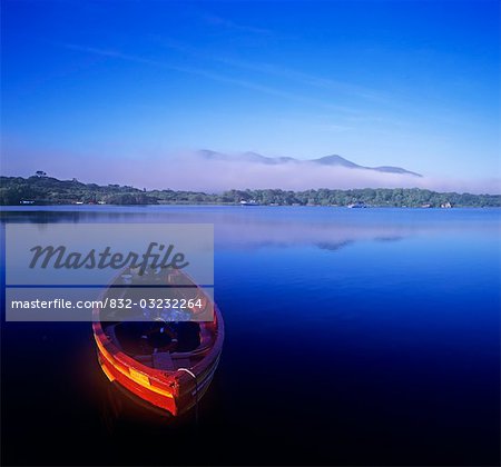 High angle view of a boat moored in the lake, Lough Leane, Killarney, Republic Of Ireland