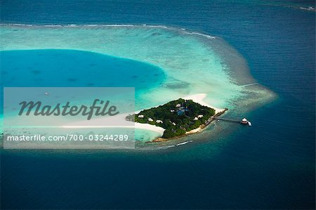 Vue aérienne du Banyan Tree Madivaru, Alif Alif Atoll, Maldives