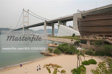 Tsing Ma Bridge and Noah's Ark from Park Island beach, Ma Wan, Hong Kong