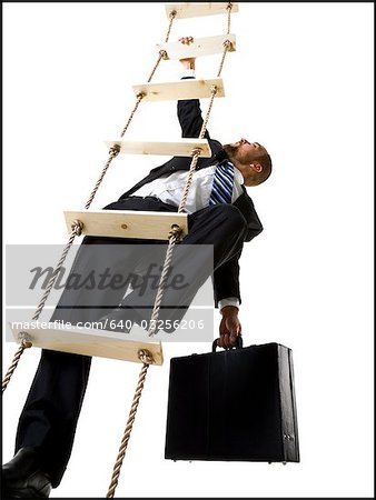 Businessman climbing a ladder with briefcase