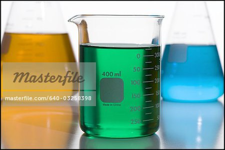 Beaker filled with colored liquids