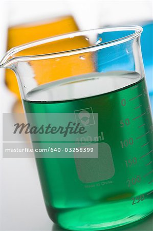 Beaker filled with colored liquids