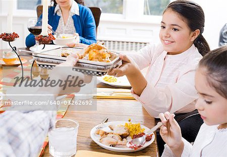 Girl holding food at dinner table