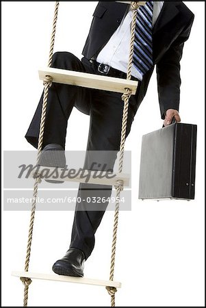 Businessman climbing ladder with briefcase