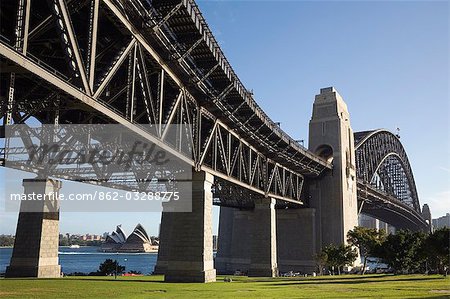 View of the Sydney Harbour Bridge and Opera House from Bradfield Park on Sydney's northern shore