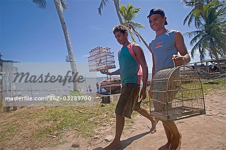 Two friends take thier caged birds for a Sunday walk on the Tinhare archipelago,Bahia,north eastern Brazil