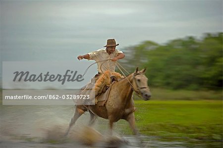 Traditionelle Pantanal Cowboys, Peao Pantaneiro arbeiten Bauernhof und Tiere Lodge, die Pousada Xaraes in den Feuchtgebieten der UNESCO Pantanal der Mato Grosso festgelegt tun Sur Region Brasiliens