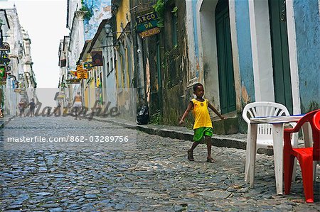 Brazil,Bahia,Salvador. The city of Salvador within the historic Old City,a UNESCO World Heritage listed location. Street scene that reflects the cultural richness of the city and its well preserved colonial architecture.