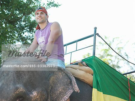 Portrait of young man riding elephant, smiling, trees in background