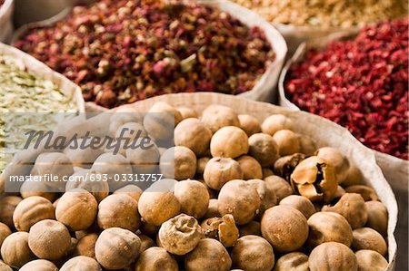 UAE, Dubai, many different spices for sale at the spice souq in Deira