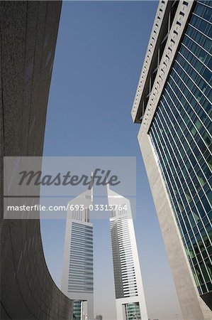 UAE, Dubai, Emirates Towers from the Dubai International Financial Centre