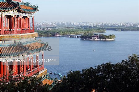 China,Beijing. Summer Palace - Unesco World Heritage Site. A Pagoda overlooking Lake Kunming and the city.