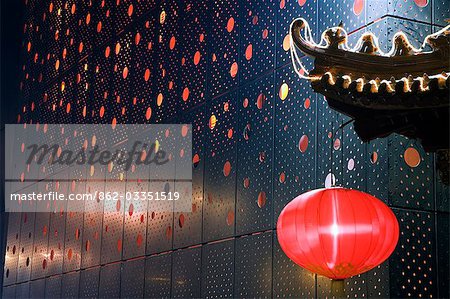 China,Beijing. Chinese New Year Spring Festival - lantern decorations on a restaurant front.