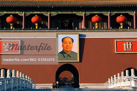 China,Beijing. Chinese New Year Spring Festival - red lantern decorations on the Gate of Heavenly Peace in Tiananmen Square.