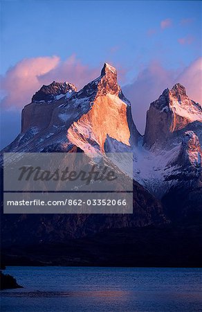 The Cuernos,Paine Massif at dawn seen across Lago Pehoe