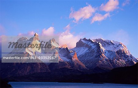 The Cuernos,Paine Massif at dawn seen across Lago Pehoe