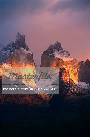 Chile,Torres del Paine National Park. Sunrise on the peaks of Los Cuernos.